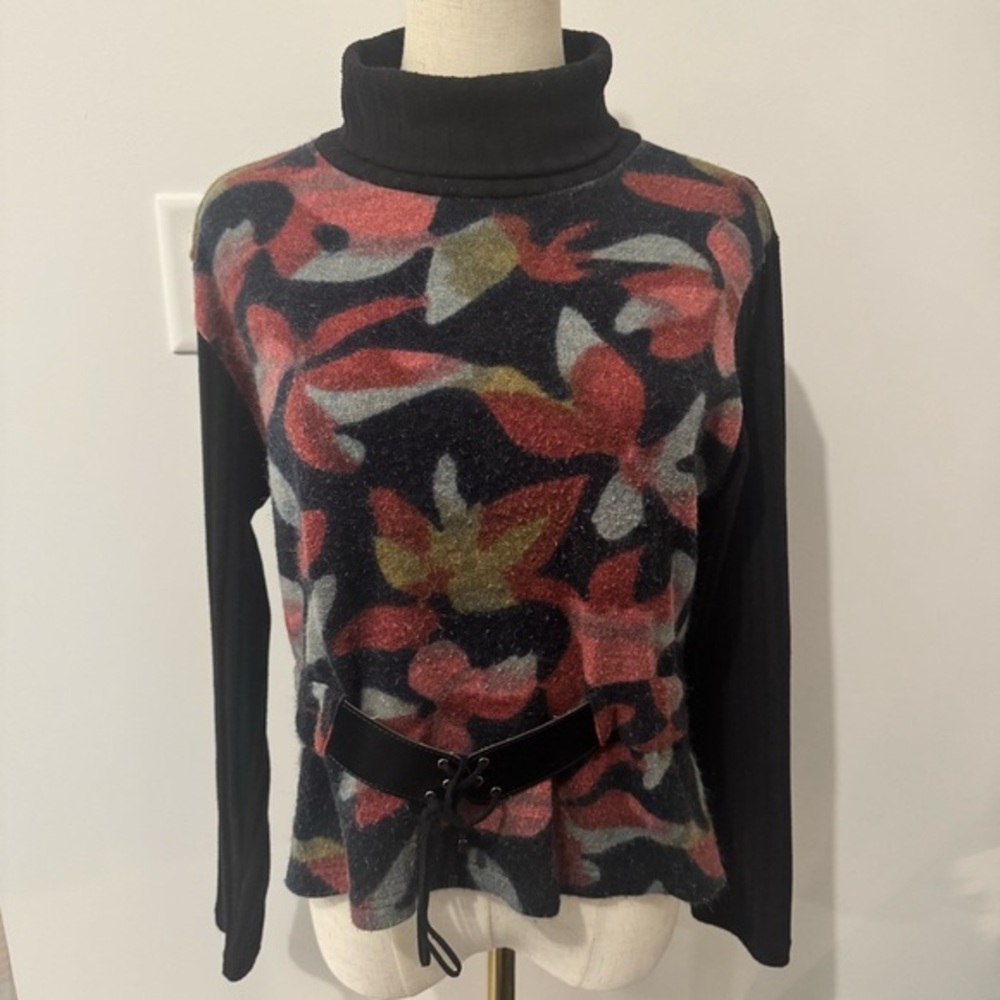 Floral Patterned Turtleneck Sweater with Belt
